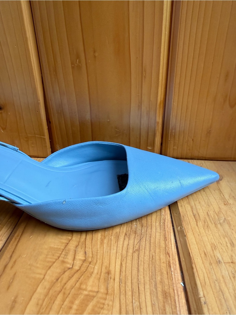 Size 8.5 / 9 Zara Light Blue Leather Pointed-Toe Kitten-Heel Slingback Mules - Picture 6 of 15
